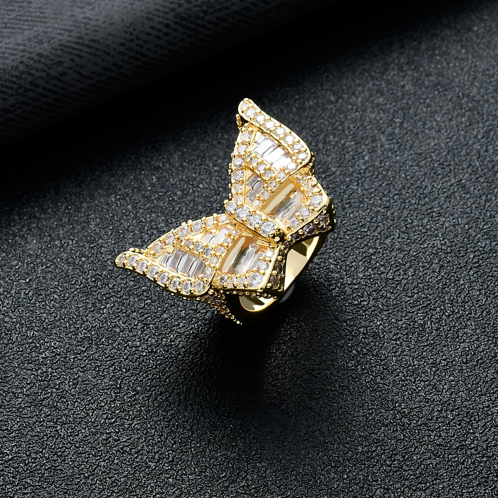 New micro inlaid Moissanite butterfly ring Street exaggerated mens and womens ring hip hop ring moissanite
