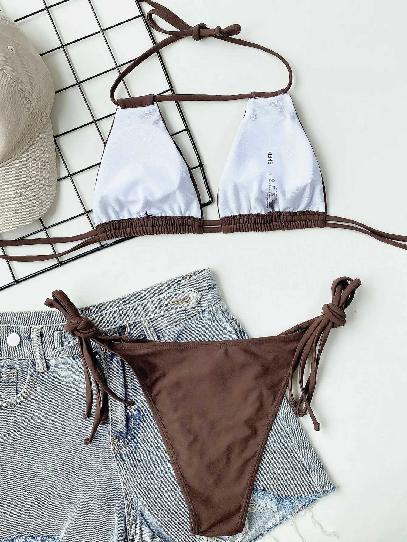 2025 Sexy Solid Bandage Bikini Halter Strappy Swimwear Women Swimsuit Female Two Pieces Bikini Set Low Waist Bathing Suit BatherT250602