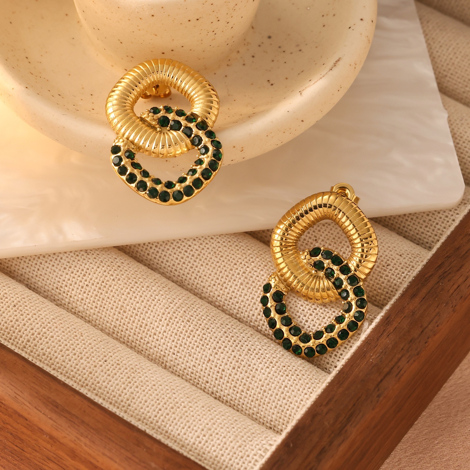 Gold Stainless Steel Inlaid Zircon Double Layer Non-Fading Earrings Jewelry