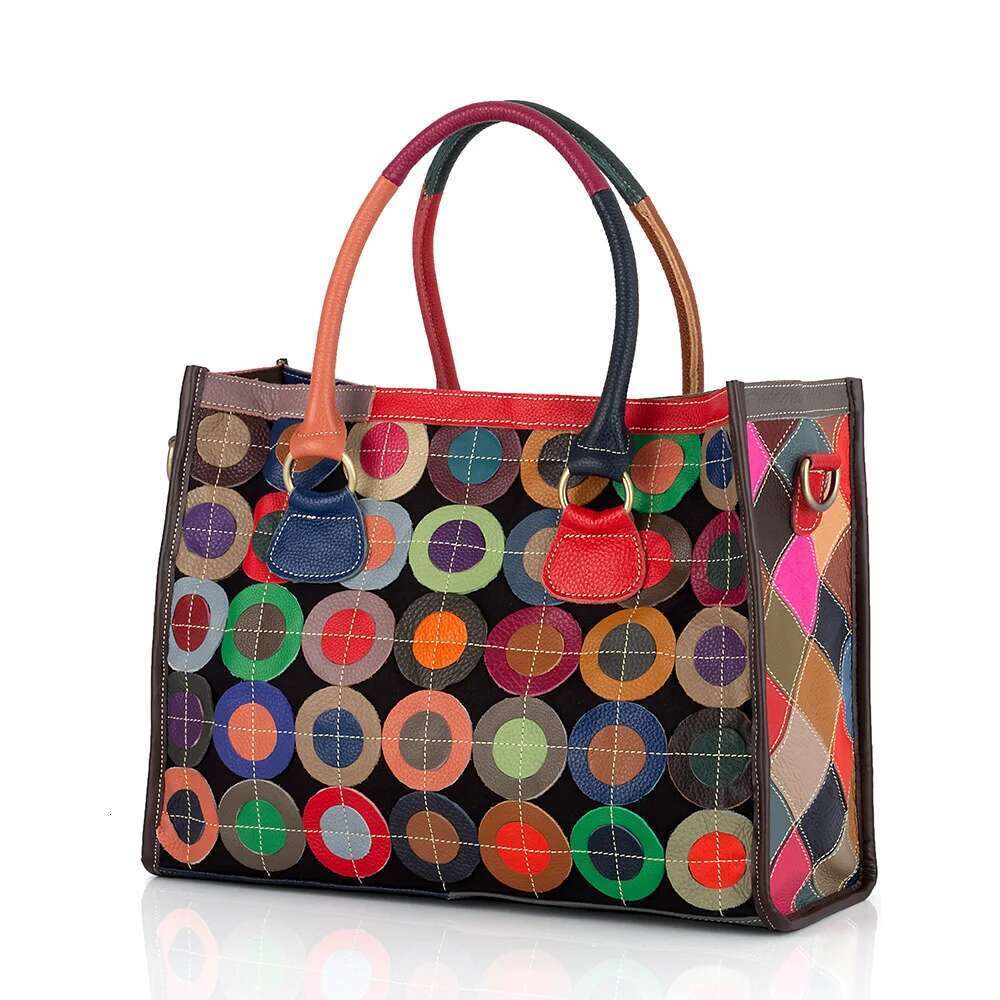 Fashion Splicing Color Leather Women's Tote with Casual and Colorful Circle ing Cowhide Shoulder Bag Handbag