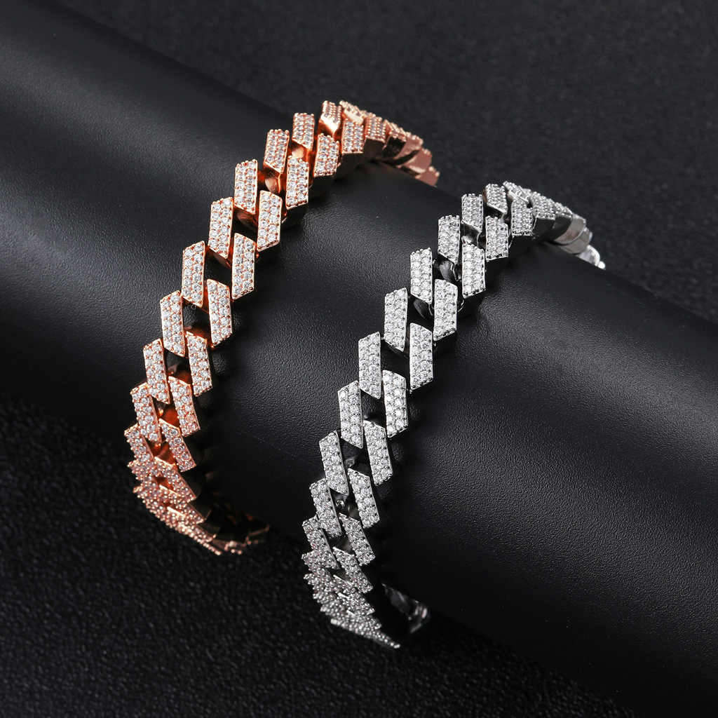 Bracelet hip hop 12mm diamond Cuba Necklace 18K gold plated double row Moissanite personalized trendsetter mens Bracelet moissanite
