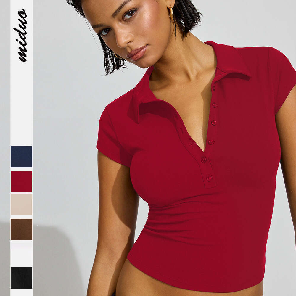 2025 Spring/Summer New Polo Collar Button Short Sleeve Slim Fit Sports Waist-Tied Versatile Top