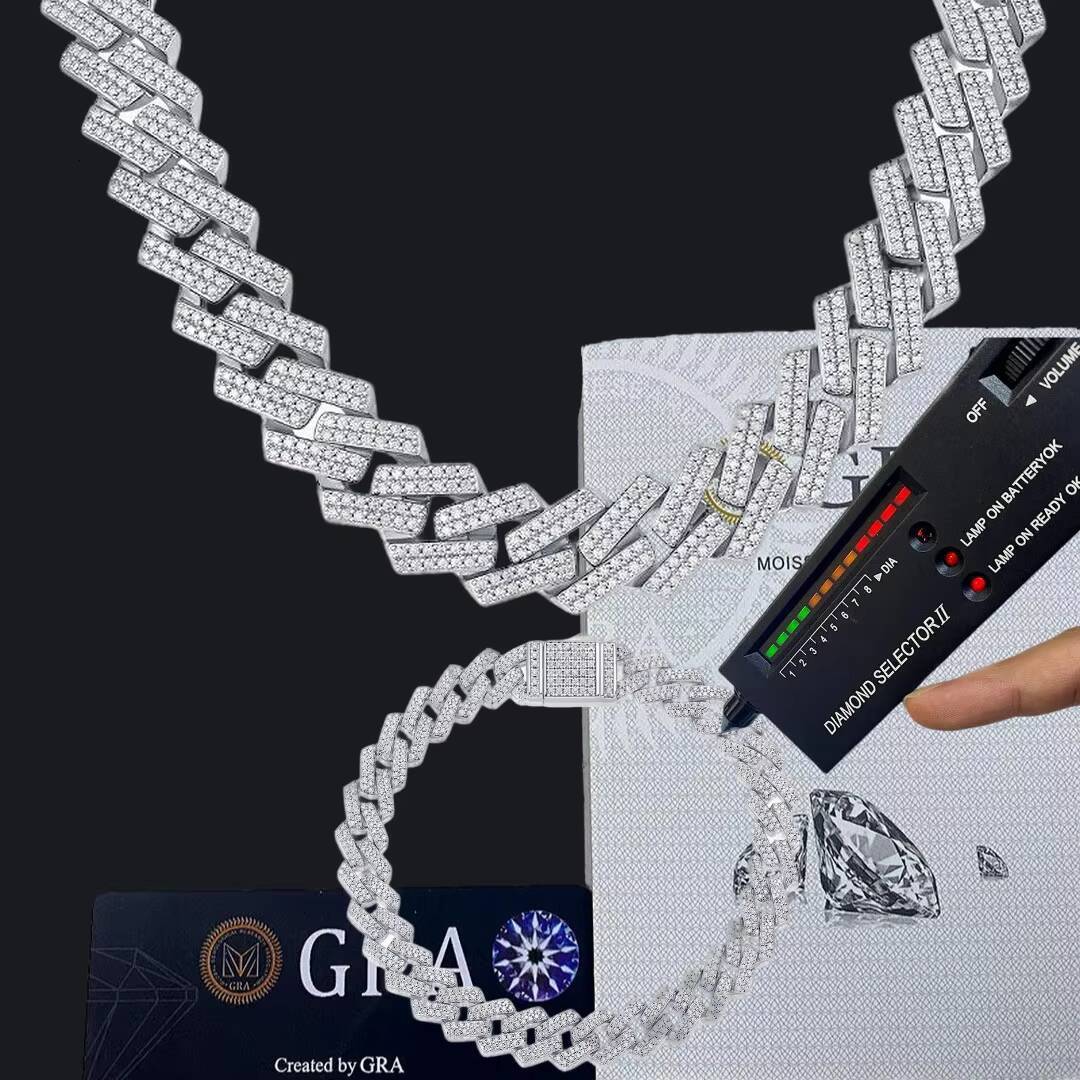 Pure Sier Chrysoprase Iced Out Cuban Chain Necklace Bracelet for Men and Women Platinum Plated VVS D Color Hip Hop