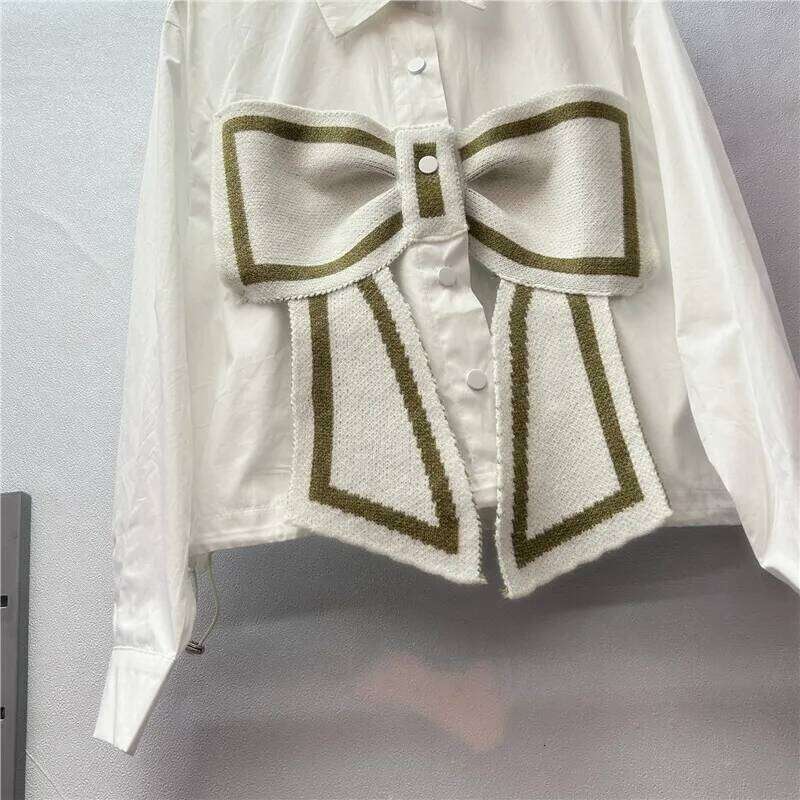 DEAT Women's Shirt Loose Patchwork Knitted Bow Single Breasted Solid Color Short Casual Blouse Summer 2025 New Fashion 29L9109