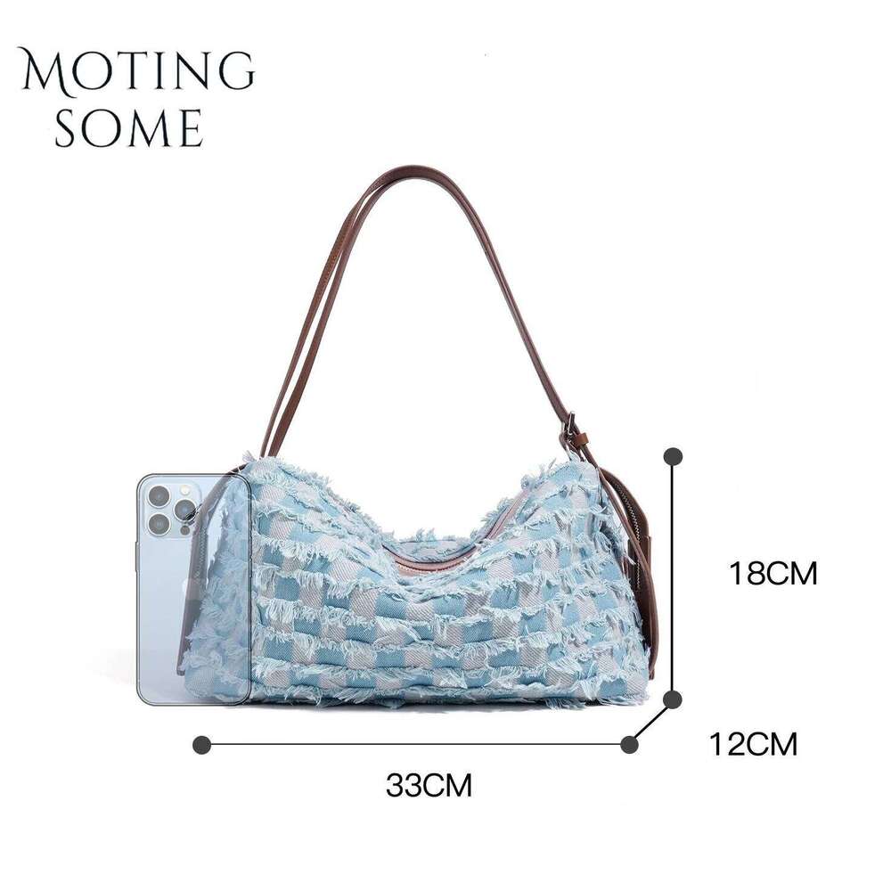 OLOEY Motingsome Retro Style Denim Fabric Plaid Pattern Shoulder Handbag and Purse Designer Tote Bags Lady Satchel 2025