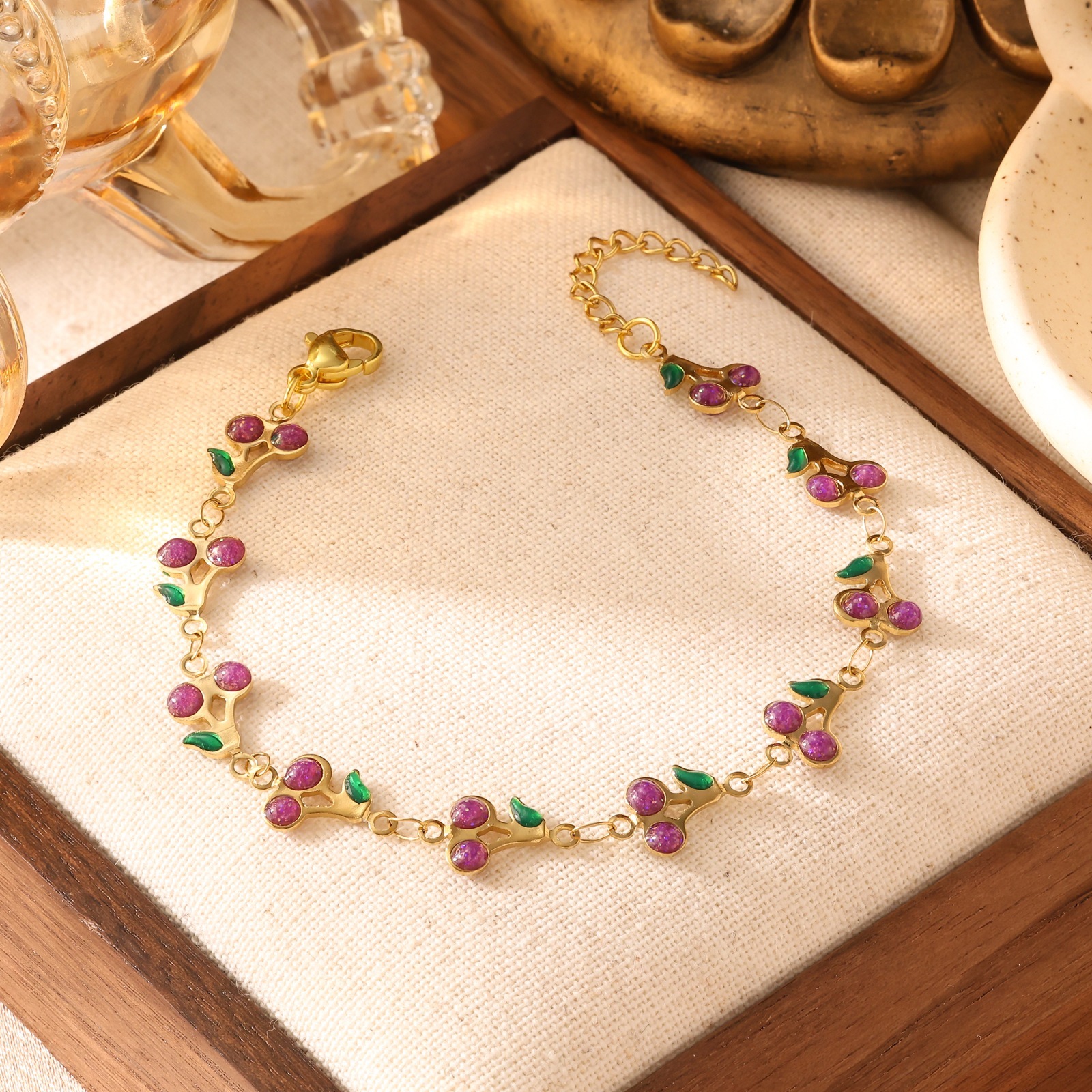 Gold Plated Enamel Cherry Bracelet Necklace Ins Stainless Steel Jewelry