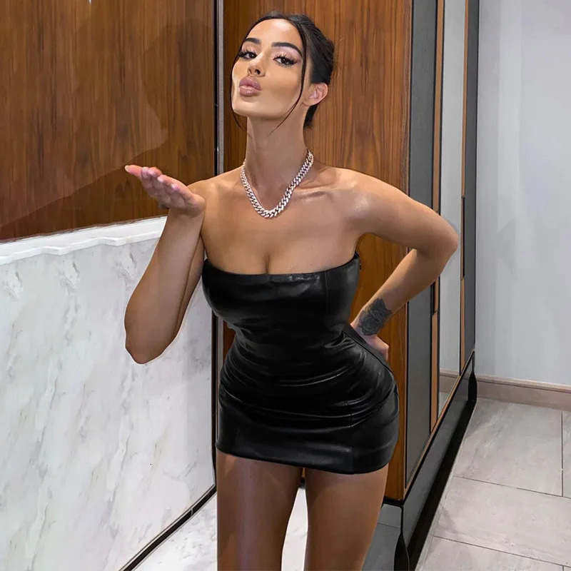 Sexy Tube Top Leather Dress Slim Fit Hip Skirt Solid Color Fashionable Temperament Nightclub Banquet Womens Wear 250526