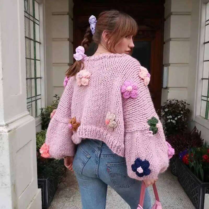 Boho Inspired Winter Women's Cardigans Multicolor Knitted 3D Flowers Long Sleeve Loose Cardigan Coats Warm Sweaters 4 Colors