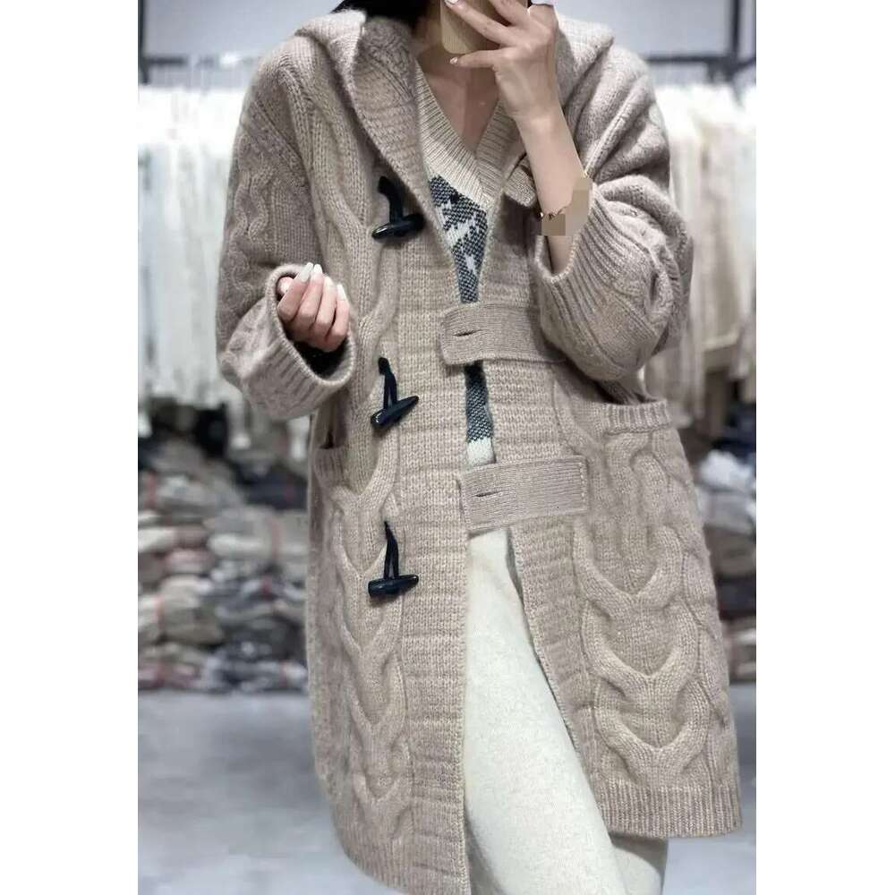 Women's Long Loose Hooded Cardigan Cashmere Sweater Knit Coat Thick Horn Button For Lazy Wind Fall Winter