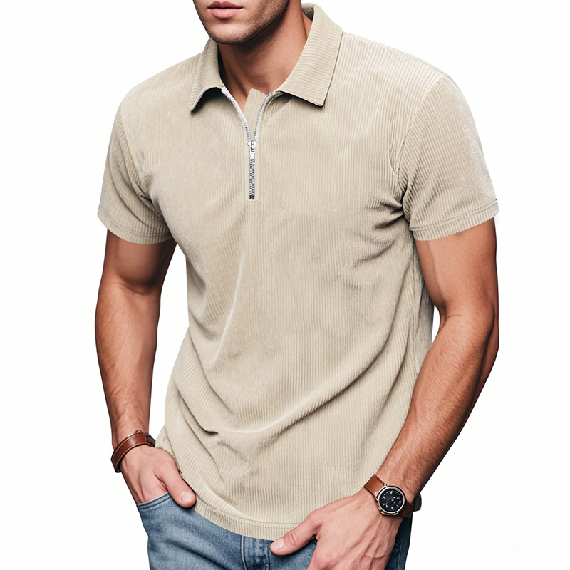 Mens designer polo Summer loose corduroy Amekaki half-zipper lapel short-sleeved T-shirt European code: S-3XL