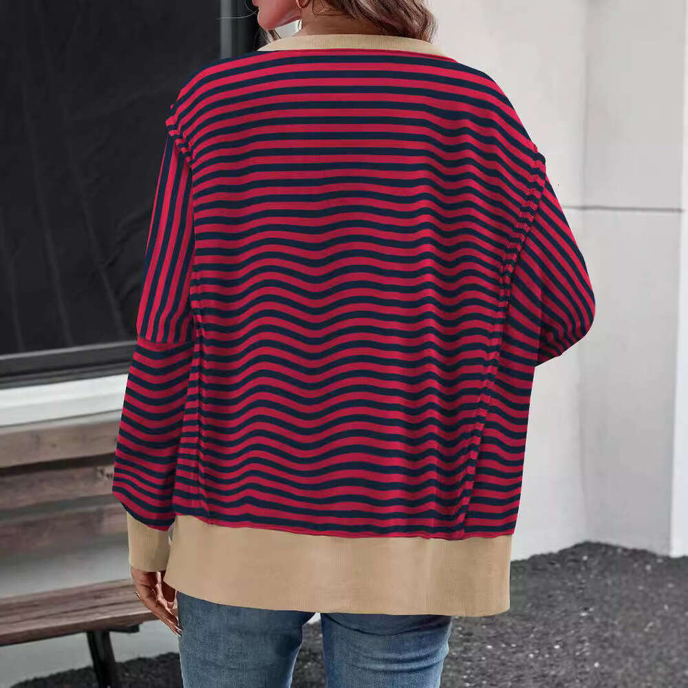 Hot Selling Casual Loose Autumn Winter Long Sleeve Striped Split Round Neck Design Street Style Sweatshirt Top