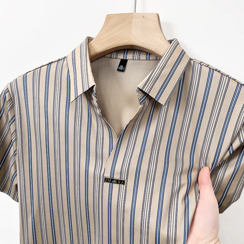High-end Ice Silk Short-sleeved T-shirt Striped Printr Polo Shirt Business Casual er Scissor Collar Anti-wrinkle Top 250529