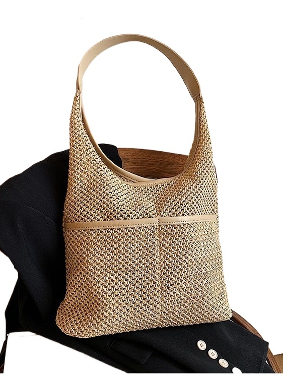 designer Woven Bag Fresh Style Single Shoulder Underarm Tote Bucket Bag Korean Classic Straw Bag Women's Beach Bag Literary Forest Style