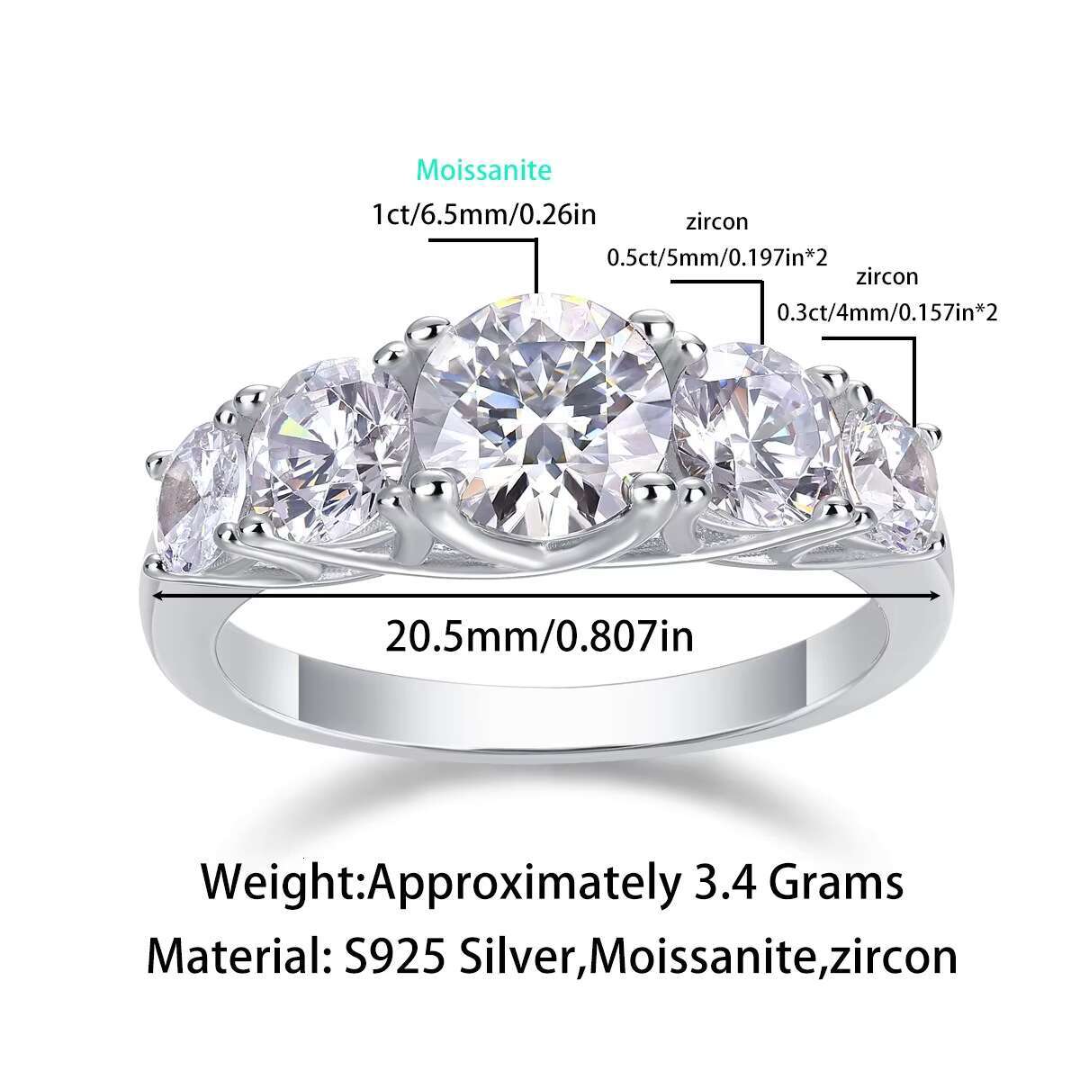 Luxury 1ct Moissanite Ring 2.5mm White Gold Plated 925 Sterling Silver Fine Jewelry for Women for Engagement Party Anniversary