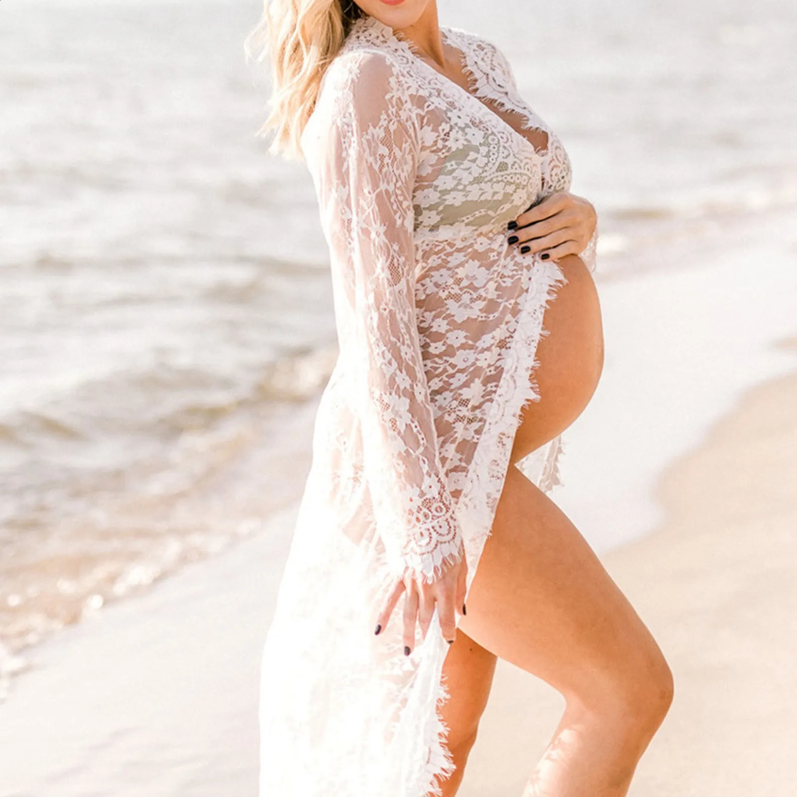 Winter Coat Women Pregnant Women Shooting Po Lace Long Dress Pregnant Women Front Open Lace Mopping Dress Clothe Woman 250530