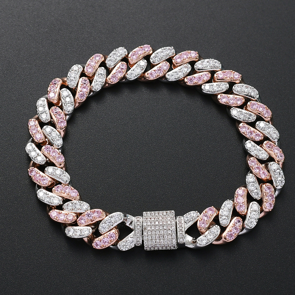 Hip hop hip hop Bracelet 12mm micro Set Pink Moissanite Cuban Bracelet hiphop accessories moissanite
