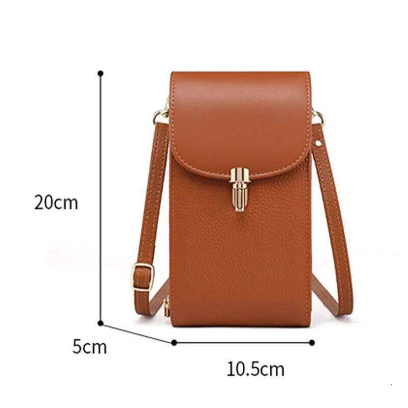 Genuine Leather Phone Solid Color Flip Round Lock Women's Crossbody Bag With Long Shoulder Strap And Credit Card Slot