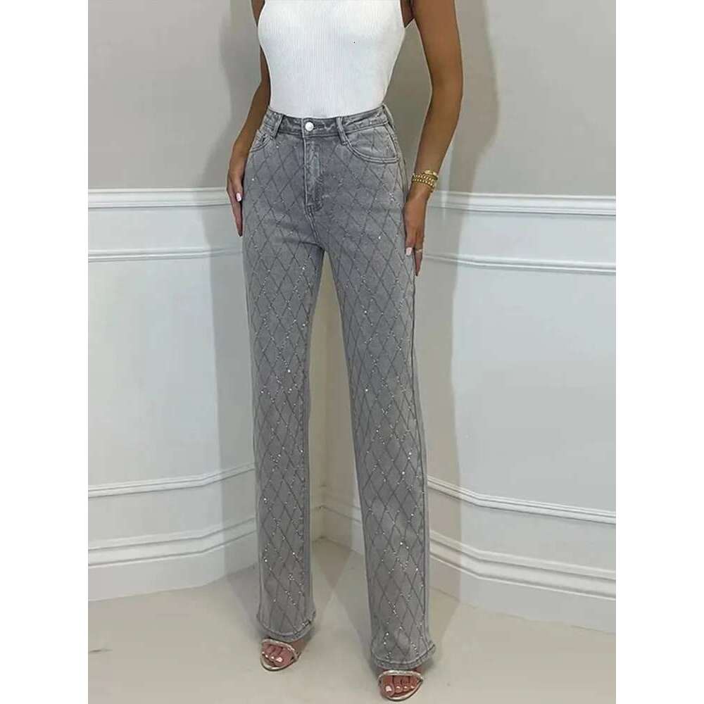 Coats Designer Women Dia-Shaped Rhinestones Woman's Denim Shiny Dia Straight Jeans For Women Rise Trousers Y2k High Street Pants Designer