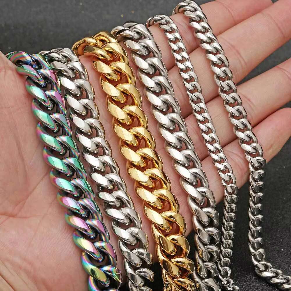 Wholesale Fashion Luxury Mens Hip Hop Cuban Link Chain Jewelry Women 8/10/12/14mm 18k Gold Plated Stainless Steel Miami Cuban Bracelets