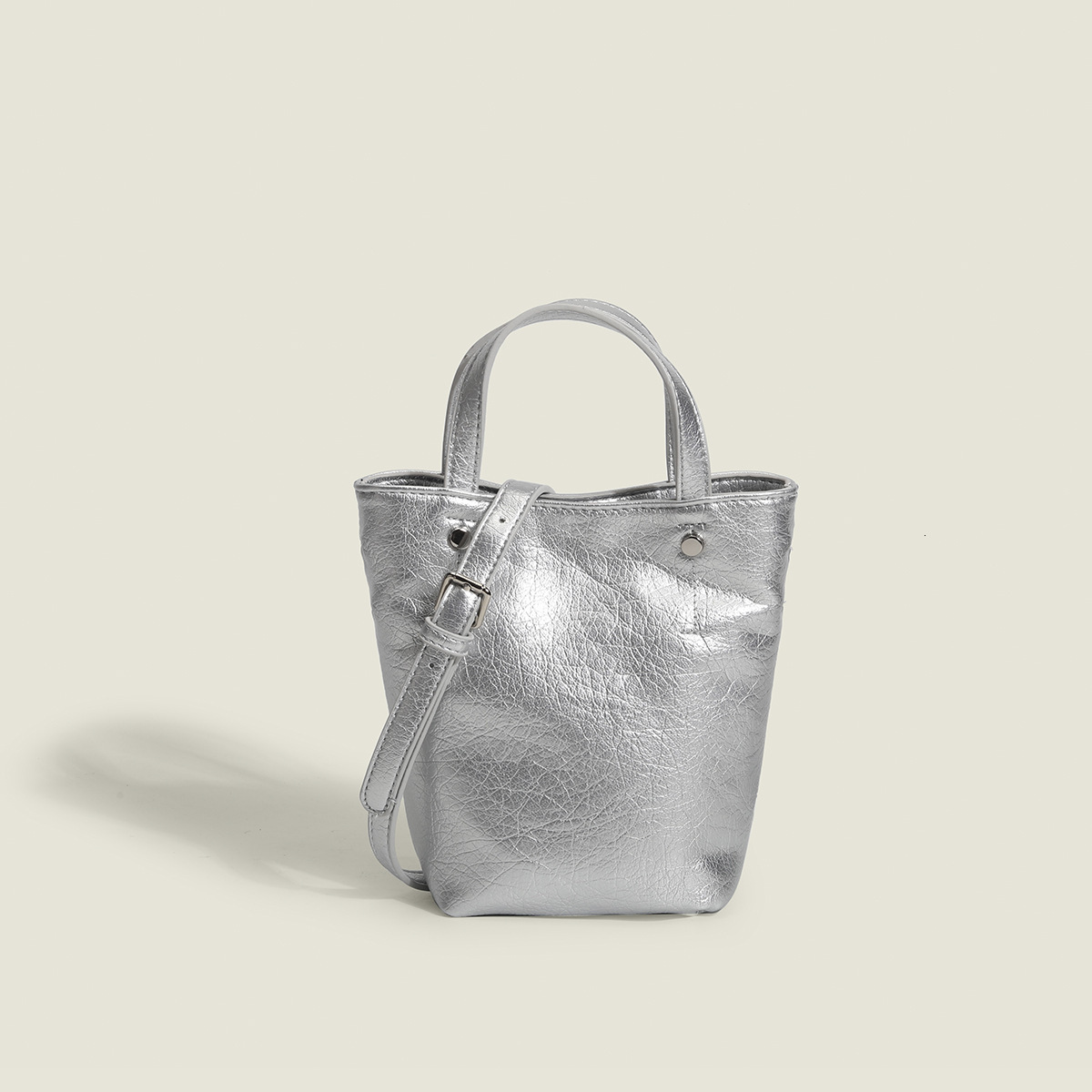 designer Korean Handheld Silver Waxed Leather Mini Tote Bag Summer New High-end Bucket Shoulder Crossbody Small Bag