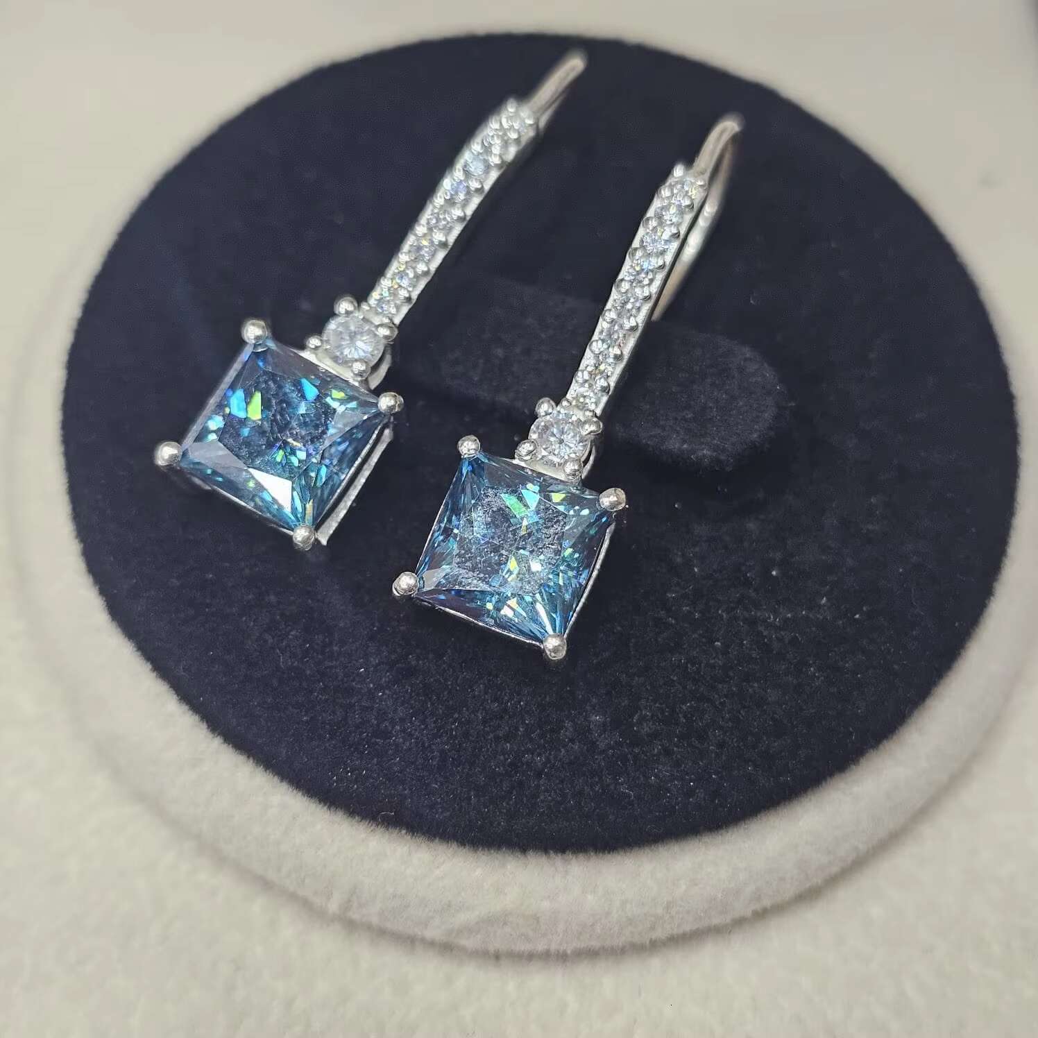 Moissanite Original Fine Earrings 925 Sterling Silver Excellent Quality Latest Trendy Square Cut Blue Coated Moissanite Gemstone