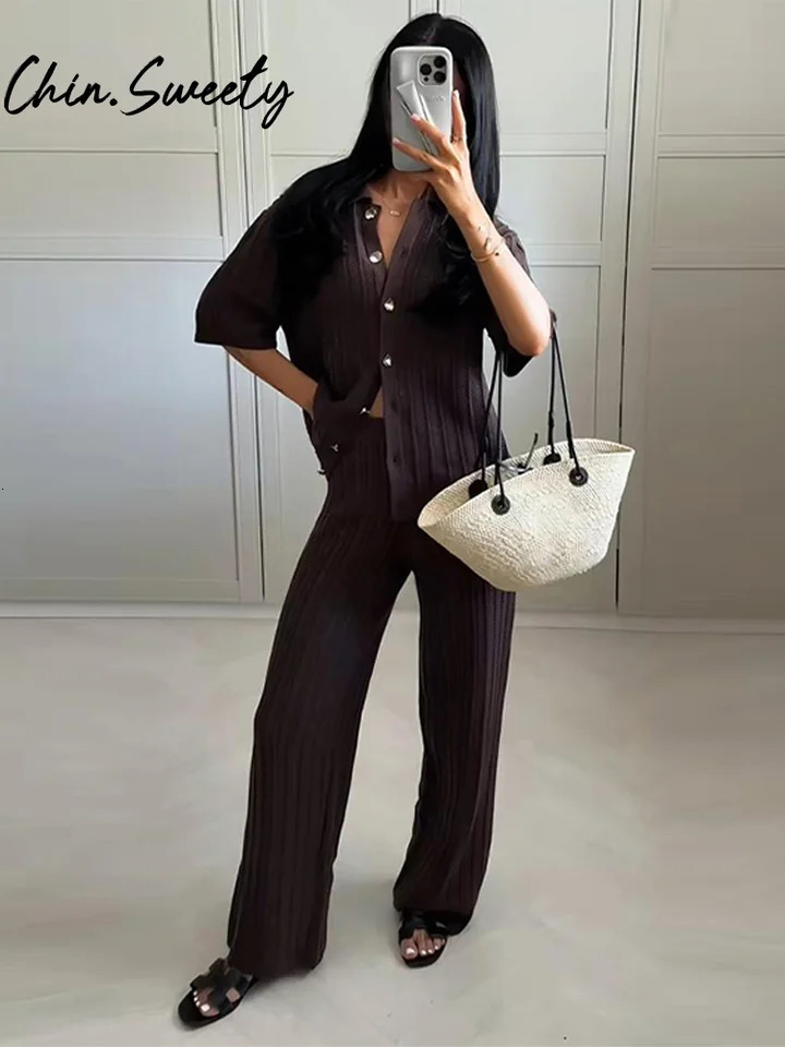 Vintage Brown Knit Cardigan Pants Women Outfit Button O-neck Short Sleeve Top Straight Trousers 2025 Summer Chic Lady Set 250530