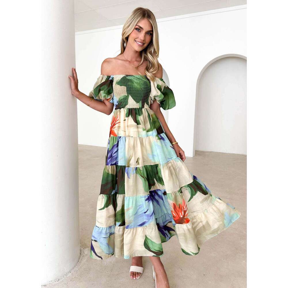 Summer European and American bubble sleeves vacation slimming long skirt spicy girl high waist one shoulder printed dress for women 2025 temperament v