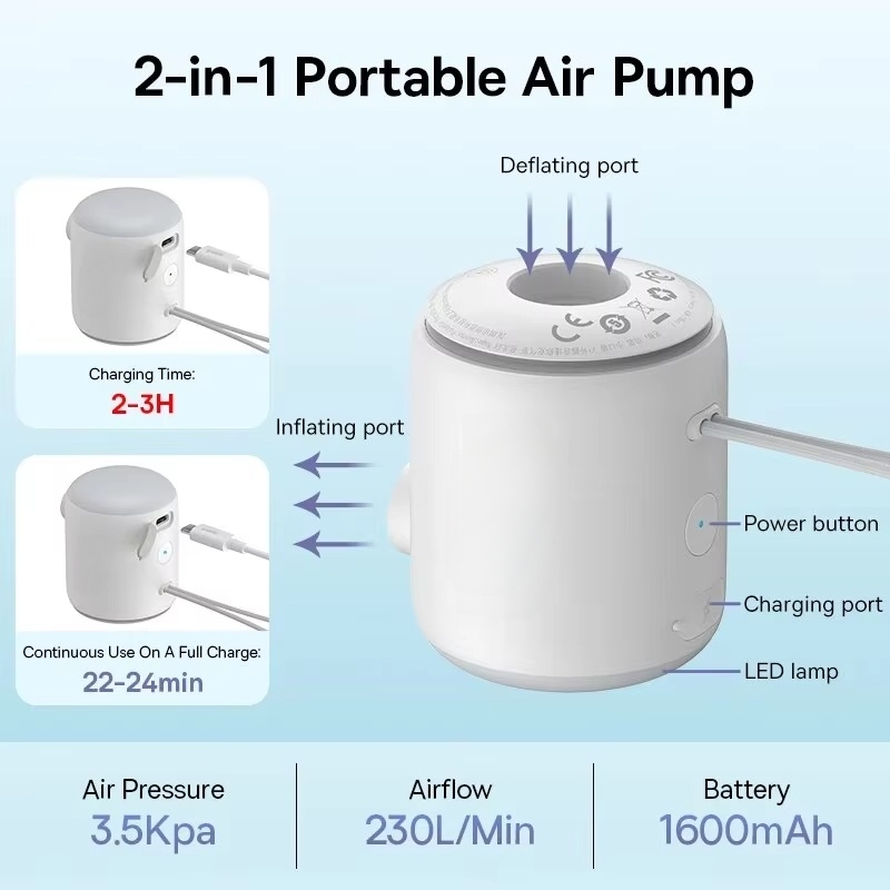 Camping Light Mini Air Inflator Pump 4000Pa Electric Air Pump USB Rechargeable Mini Inflate Deflate Pump for Air Mattresses Beds USB Battery Air Pumps