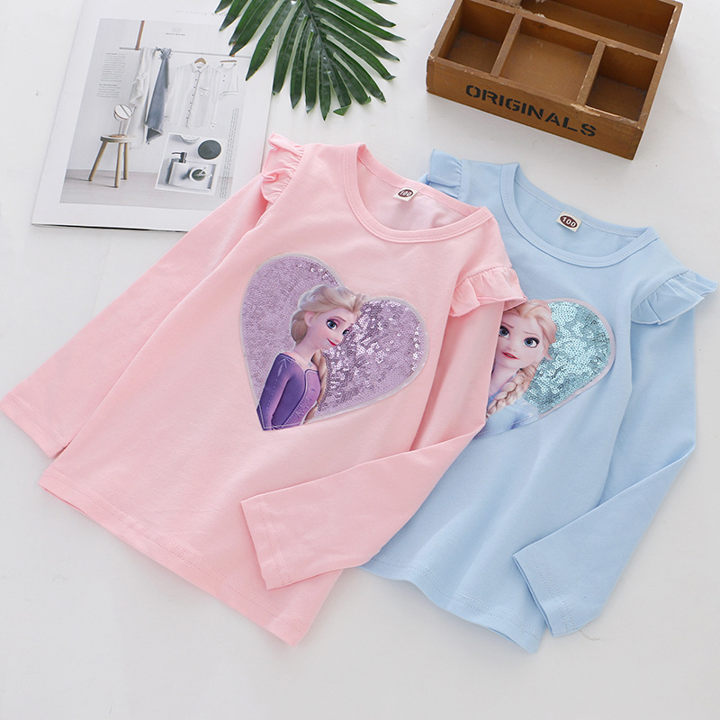 DISNEY Frozen Elsa princess baby designer clothes girls clothes princess short-sleeved puffy-sleeve T-shirt with shiny sequins on top Girls' T-sh
