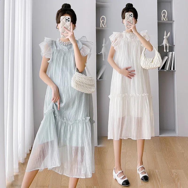 Sweet Pregnant Womens A-line Dress Ruffle Sleeves Beading Collar Maternity Ball Gown Dress Light Weight Princess Fashion Dress 250530
