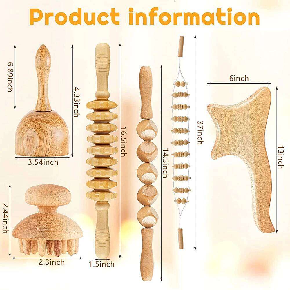 6 In 1 Wood Therapy Tool Lymphatic Drainage Massager Anti Cellulite Fascia Massage Roller For Full Body Muscle Relaxatio