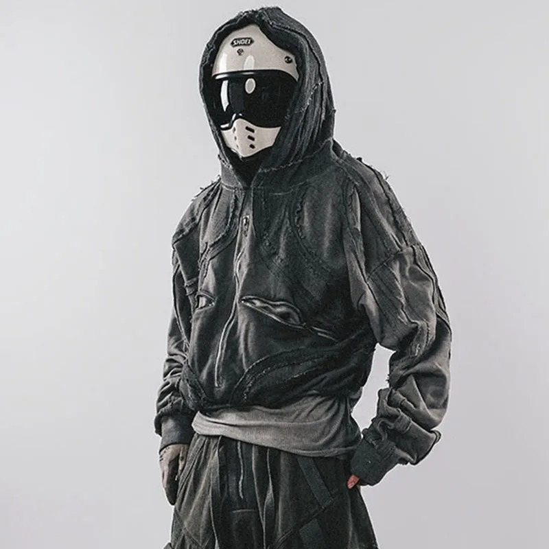 Waste Soil Style Geometric Irregular Splicing Hoodies Jacket Washed Frayed Distressed Rough Edge Hooded Coat Men 250529