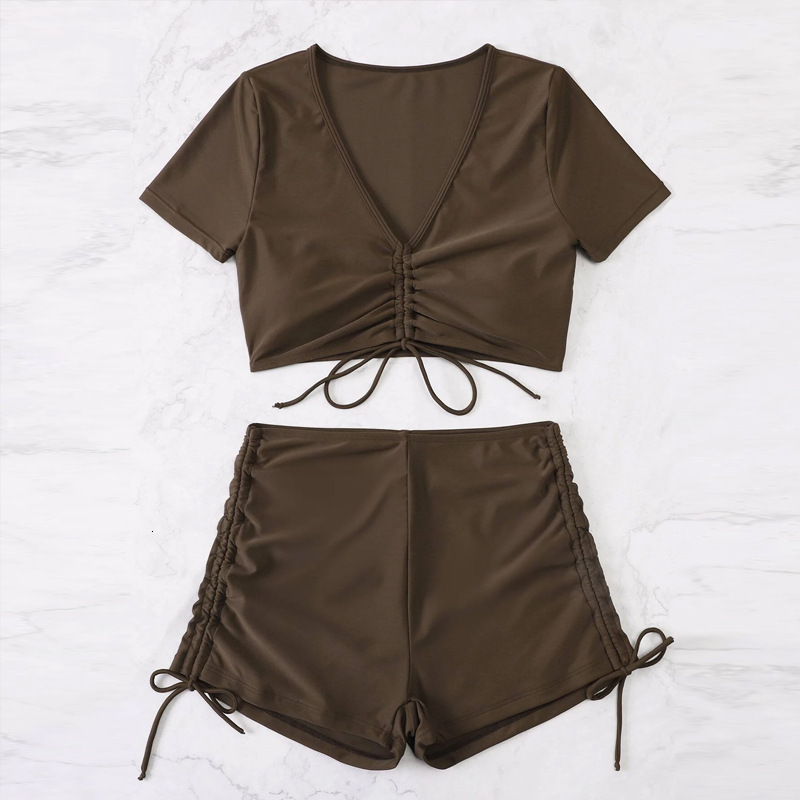 Summer Beach Sexy Women Free Shipping 2025 New Designer Shoes 2025 Solid Color V-neck Sexy Two Piece Bikini Ins Drawstring Flat Angle Sports Beach Swi