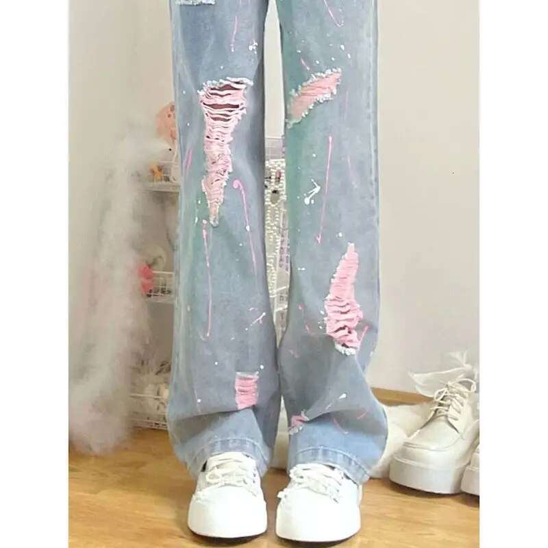 Woman Ripped Jeans Straight Leg High Waist Shot Loosefit Denim Pants For Women Pant Aesthetic 2025 Quality Teenagers Trousers