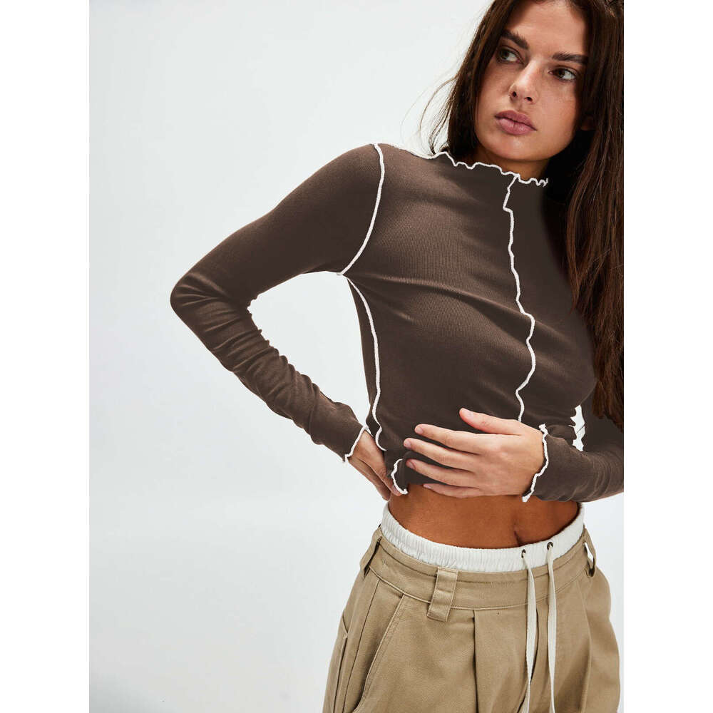 Patchwork Slim Fit Long Sleeve T-Shirt Top Design Sense Base Shirt Color Block Women's Ruffled Edge 1062