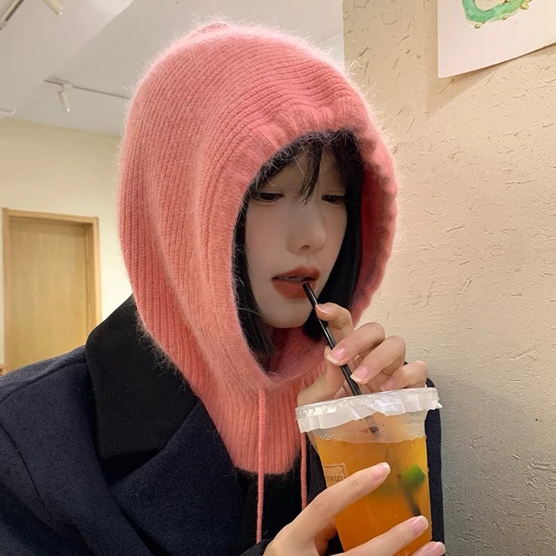 Winter Rabbit Hair Knitted Scarf Hood Hat Women Cashmere Warm Beanie Unisex Balaclava Bib Skiing Outdoor Wool Bonnet 250530