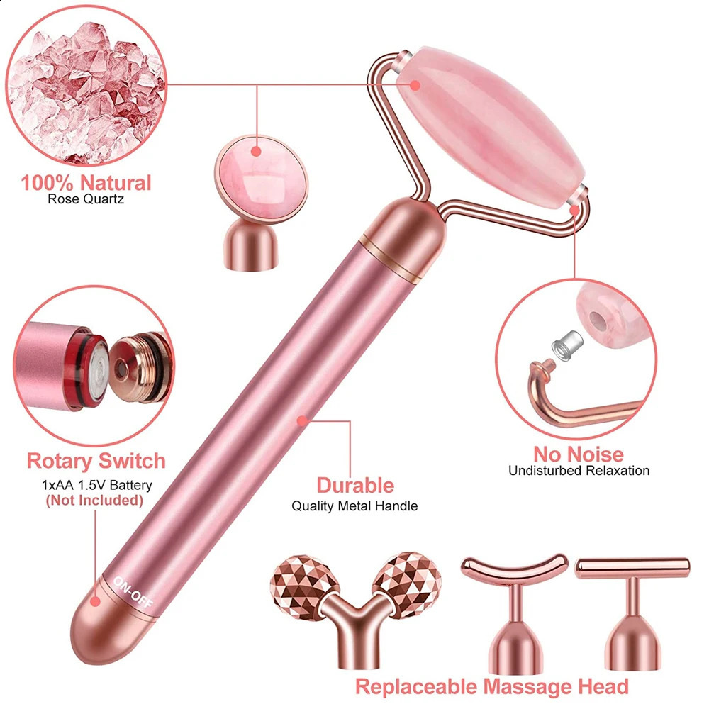 5-in-1 24K Gold Beauty Wand Face Massager Electric Vibrating Rose Quartz 3D Roller Face Body Gua Sha Jade Roller 250523