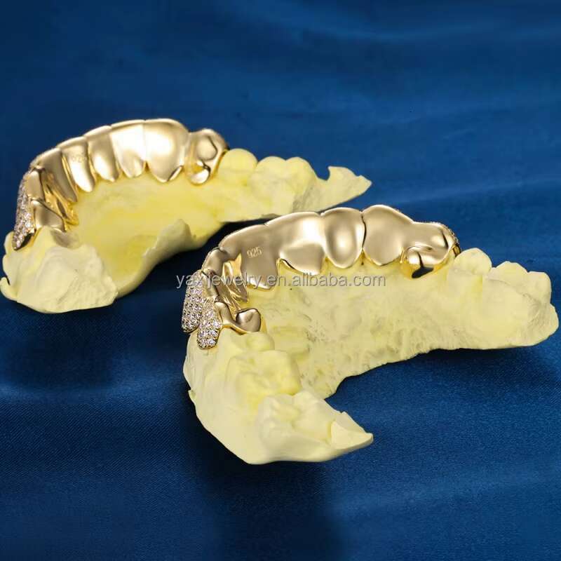 Custom Top Bottom 8 S925 Silver Yellow Gold Plated Solid VVS Moissanite Lab Diamond Bling Perm Cut Teeth Grillz for Men Women
