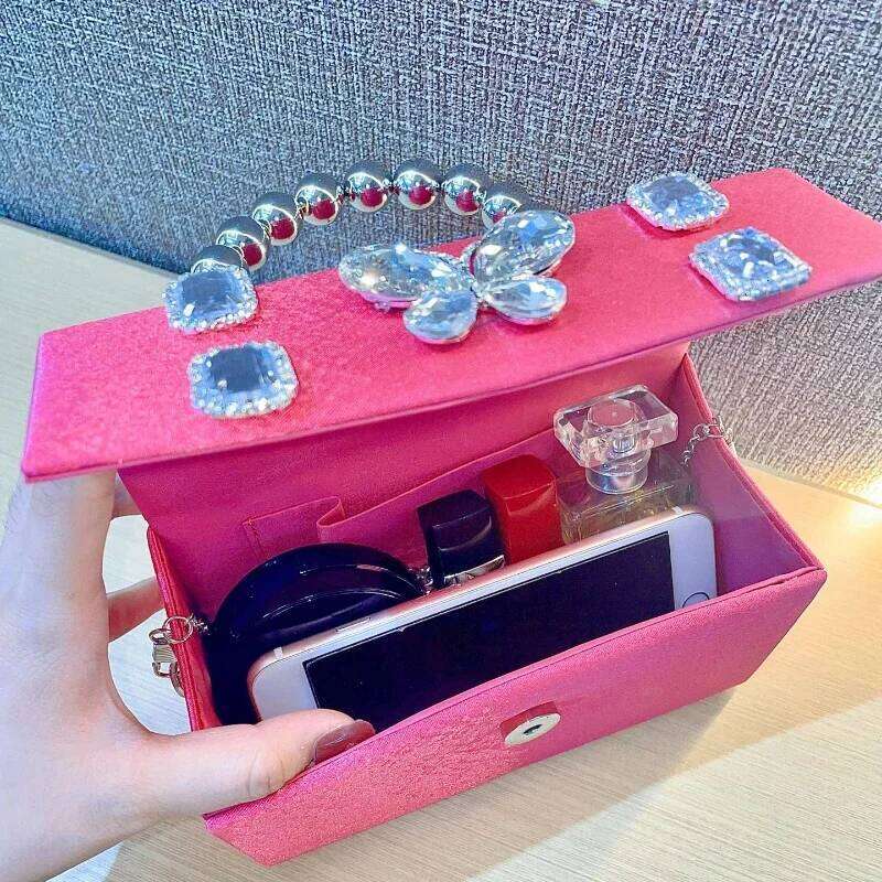 Shiny Silk Hot Pink Evening Bags Women Dia Box Handbag Rhinestone Butterfly Pearl Square Crossbody Bag Ladies Bolsas