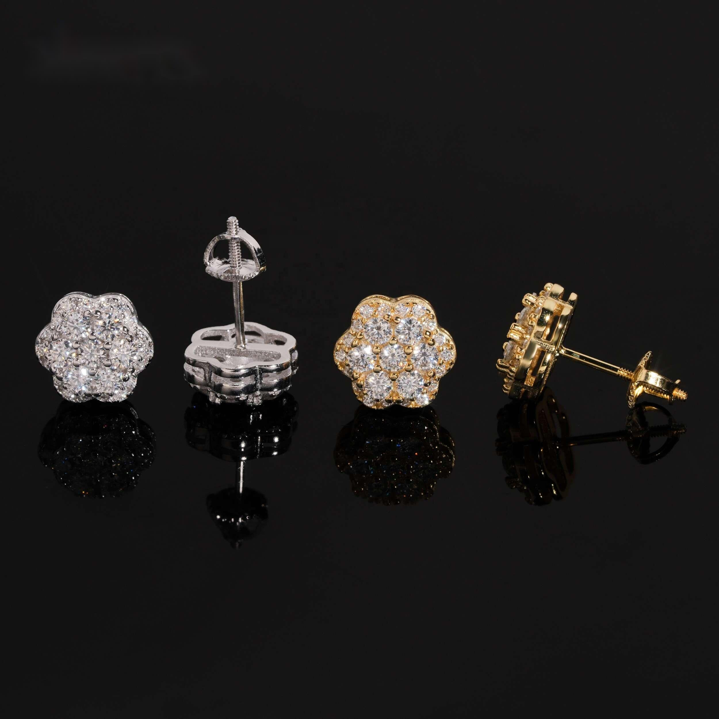 High Quality 925 Sterling Silver Flower Iced Out Diamond Hip Hop Screw Back Moissanite Stud Earrings