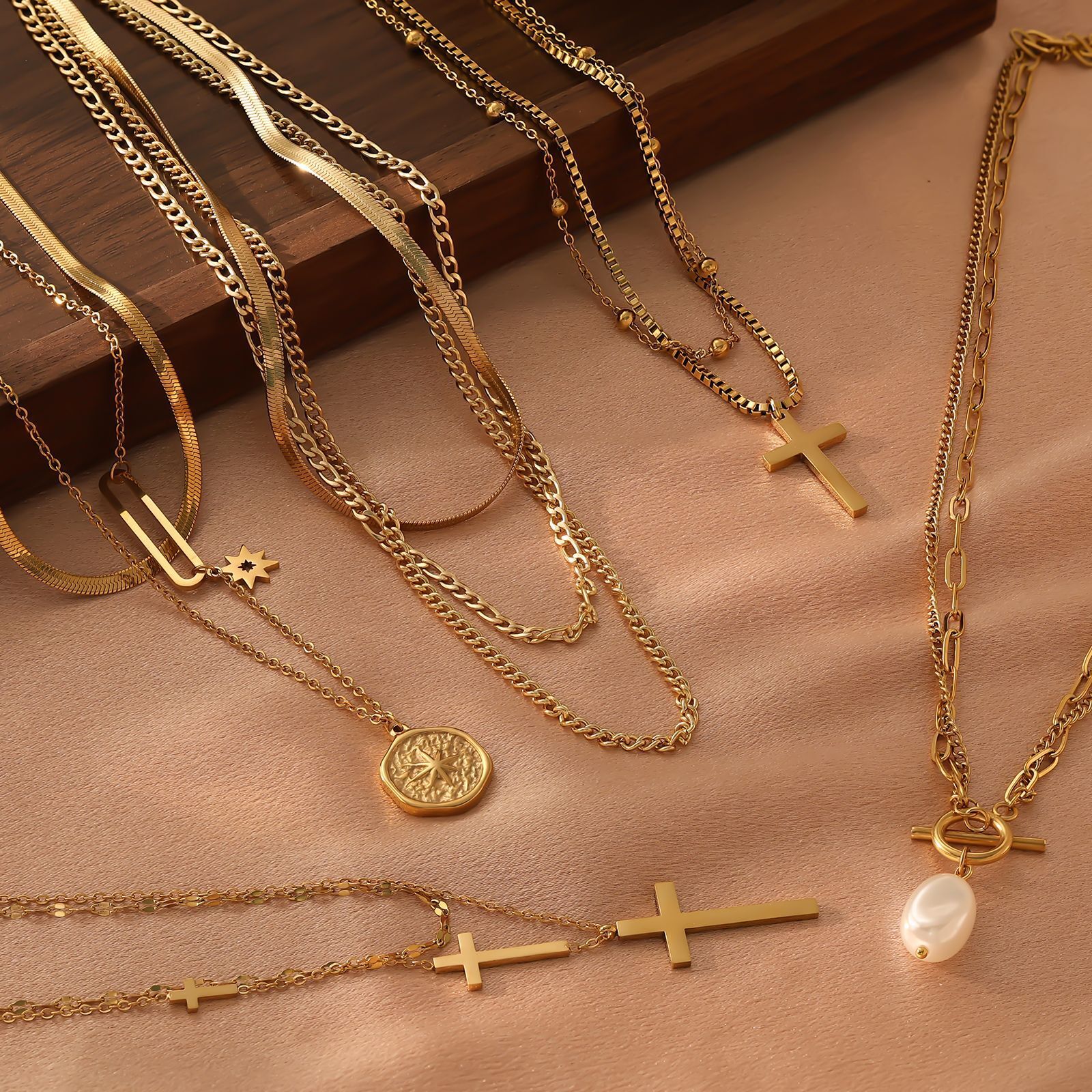 Hot Selling Stainless Double Layer Blade Snake Chain Bead Cross Necklace Fashion Titanium Steel