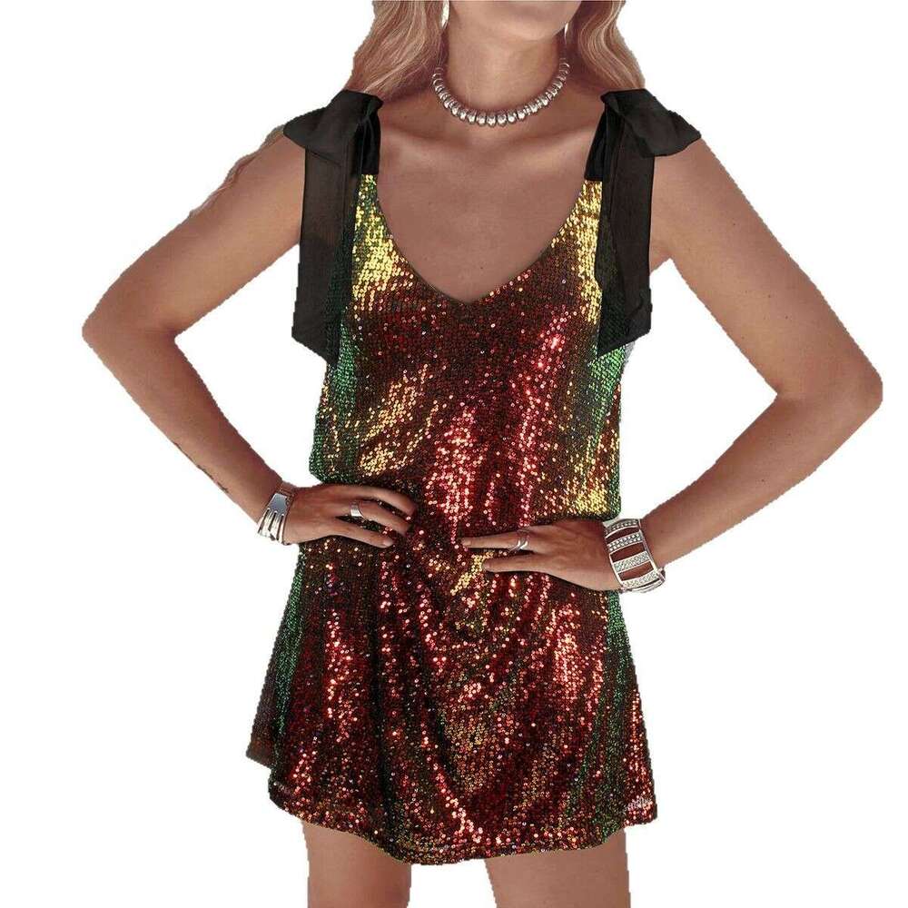 2025 Sequin Summer Lace Tie Backless Women's V-neck Tank Beaded Short Dress