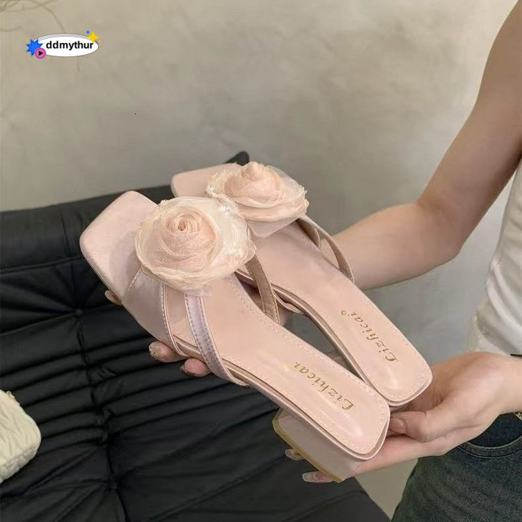 Floral Dress Slippers for Women Summer New Korean Style French Evening Breeze Elegant Fairy Gentle Chunky Heel Sandals ddmythur