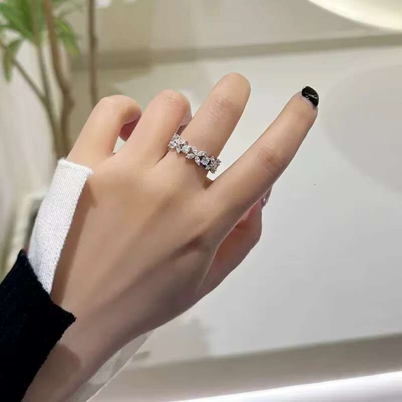 Round Brilliant Cut D Color Iced Moissanite 925 Silver Butterfly Full Moissanite Clover Rings for Women-Fine Jewelry