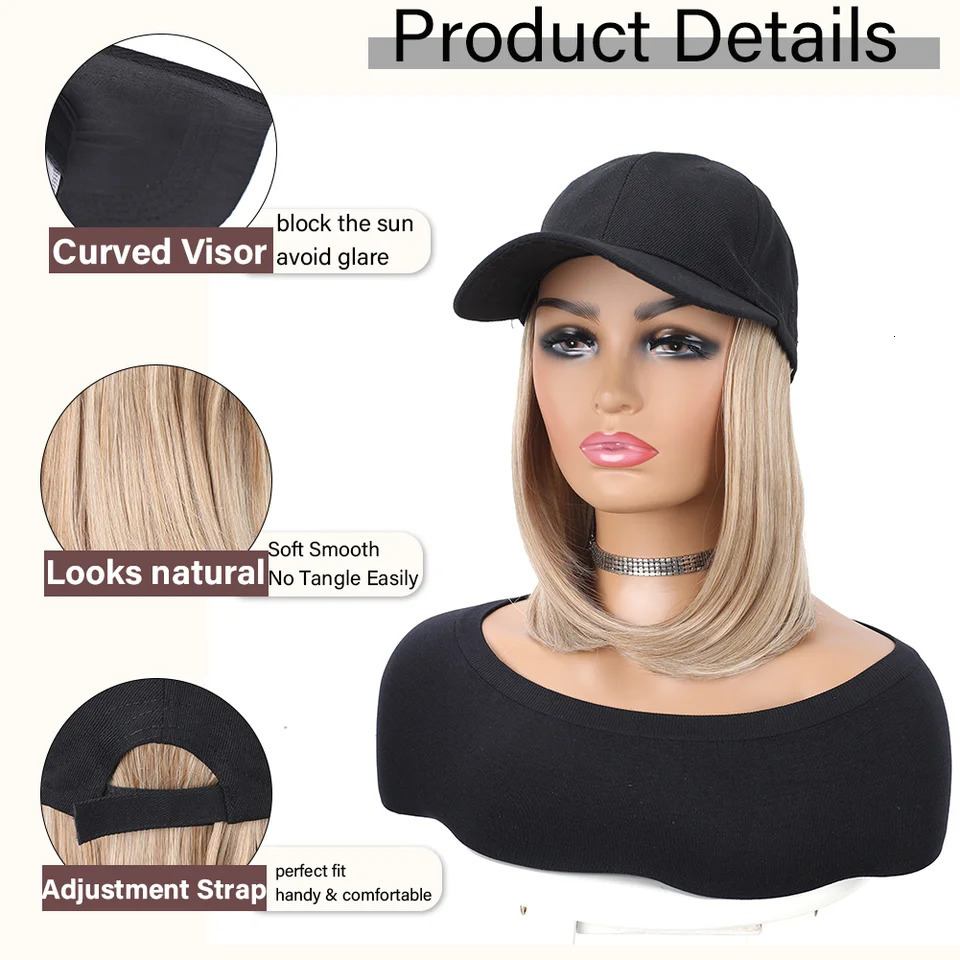 Baseball Cap with Synthetic Hair Extensions Straight Short Bob Hairstyle Adjustable Removable Wig Hat 10 inch for Woman Girl 250530