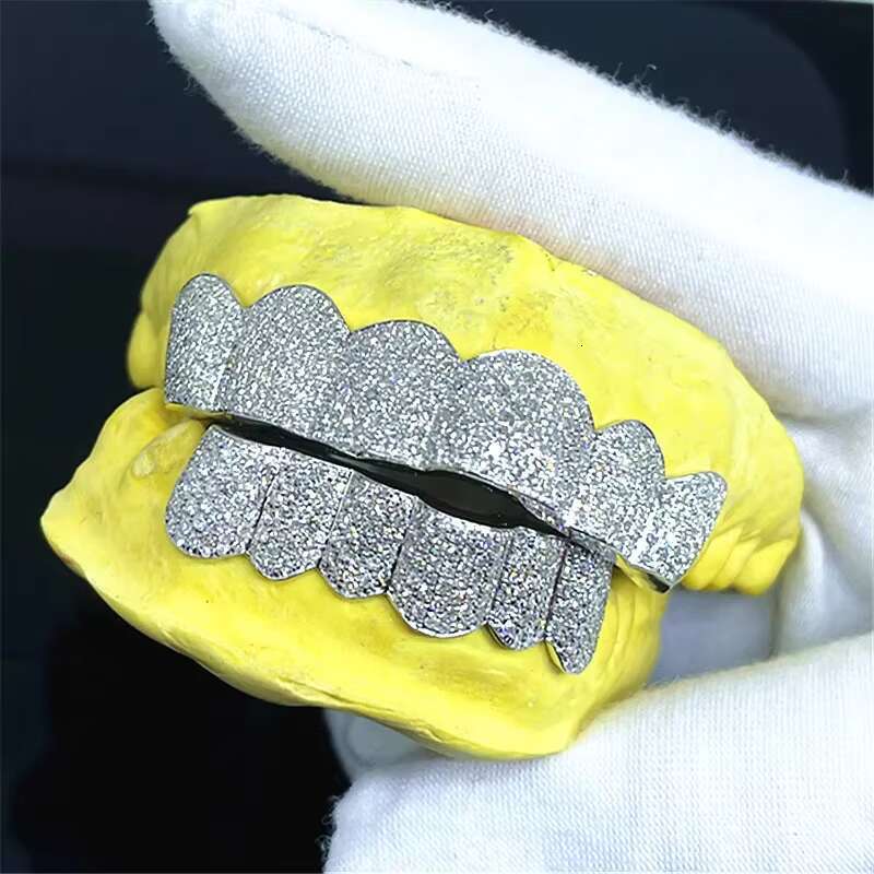 Fully Iced Out Enhanced Vvs Clarity Moissanite Diamond Iced Out Teeth Grillz Hip Hop Jewelry in 925 Sterling Silver Custom Size