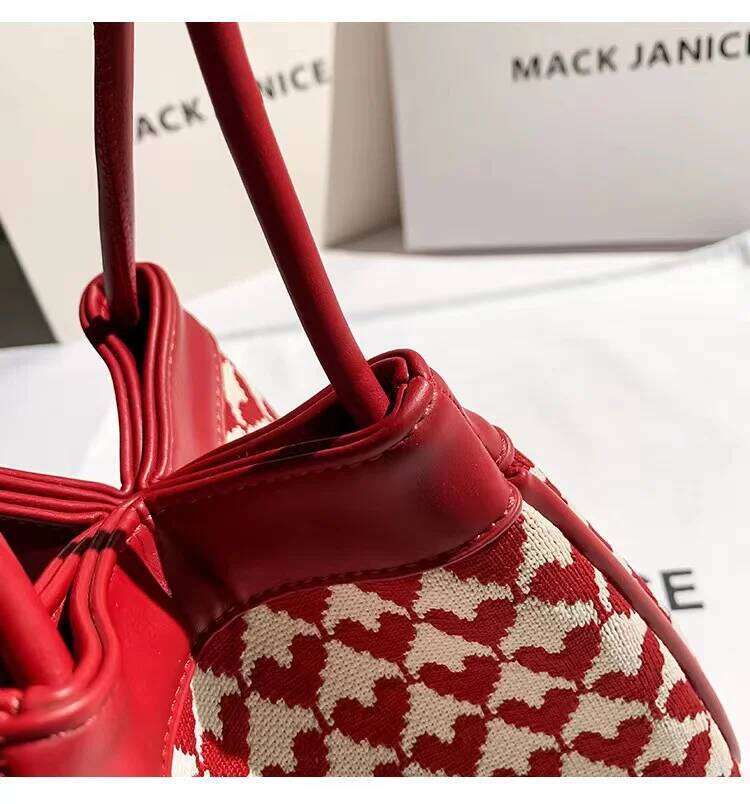 High Quality Textured Leather Knitted Bucket Fashion Women's Handbag Female Shoulder Underarm Lady Purse Composite Bag