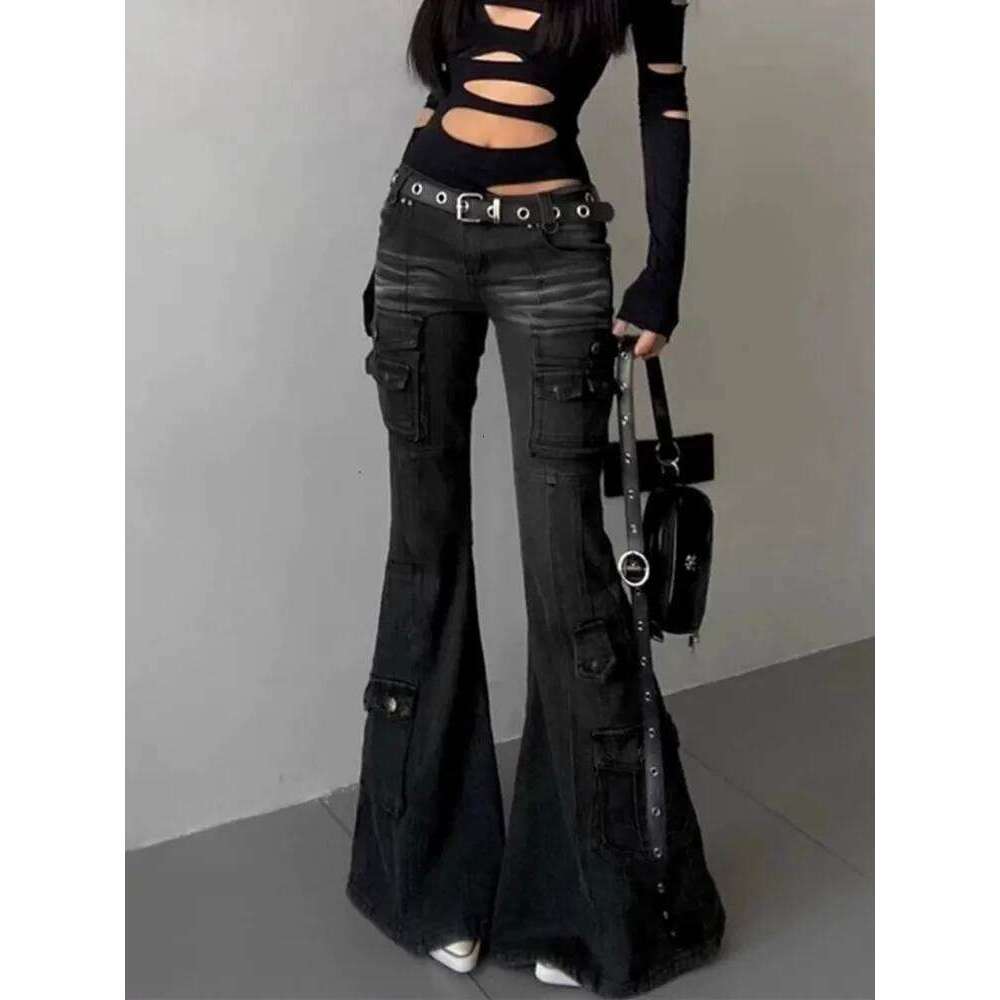 2025 Cyber Y2k Streetwear Vintage Black Slim Flare Cargo Jeans Pants Women Clothing Multi Pockets Lady Trousers Pantalon Femme