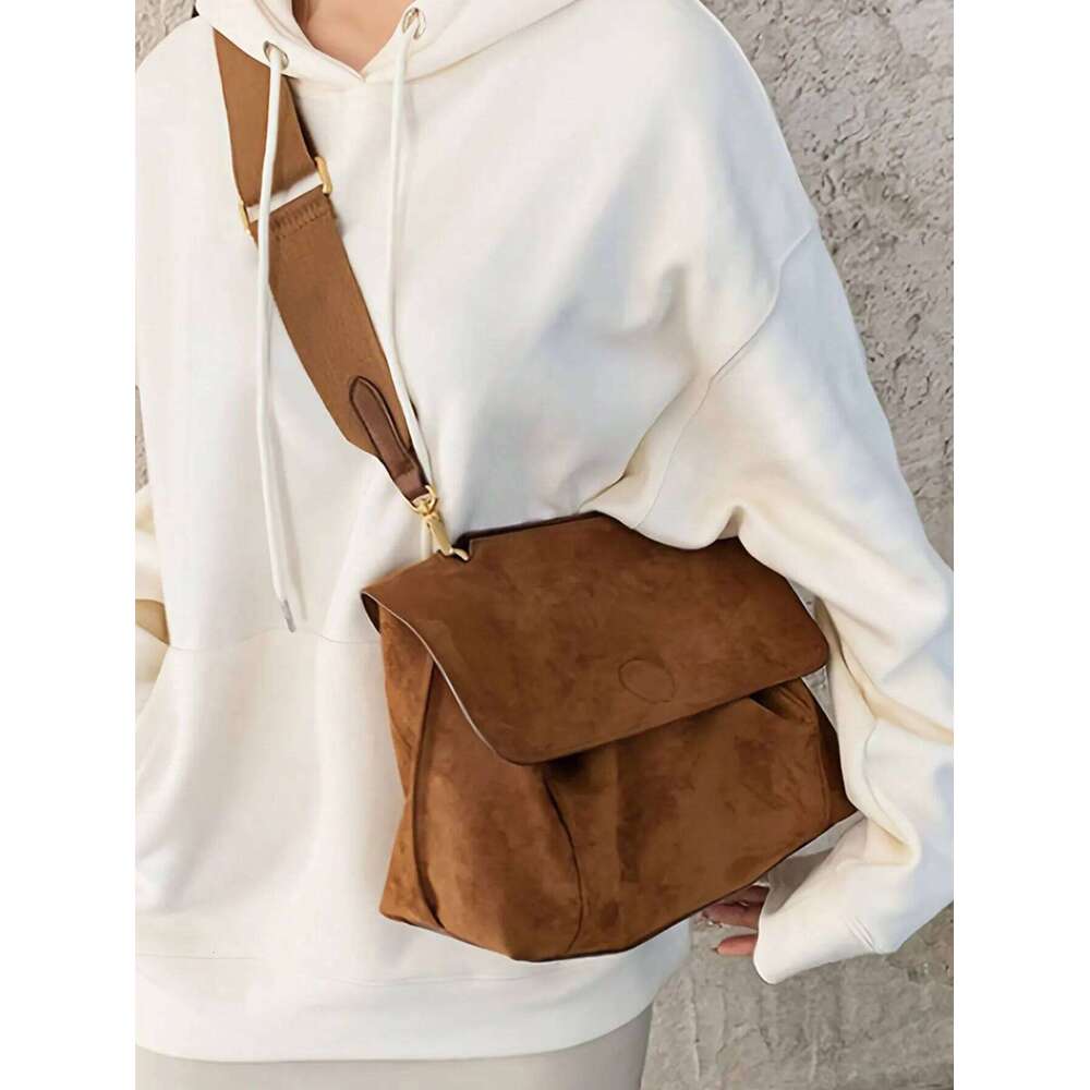 Retro Brown Veet Crossbody Bag, Large-Capacity Suede Soft Messenger Shoulder Women's Bag