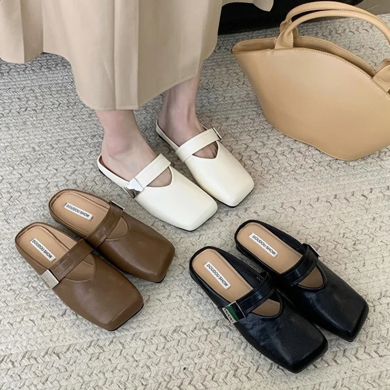 Soft Leather Ins Silver Buckle Strap Casual Shoes Fashion Flats Elegant Glitter Metallic Mules Shoes Cover Toe Slippers 250528